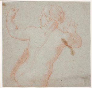 Nackte Frau mit ausgestreckten Armen, von hinten gesehen. (Eine fliehende Nymphe)