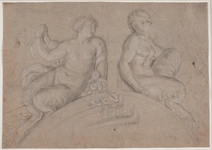 Zwei weibliche Satyrfiguren (Faune) auf einem Segmentbogen