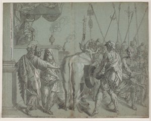 Der Tyrann Phalaris von Agrigent schließt den Bildhauer Perillus in den von ihm geschaffenen, glühenden Bronzenstier ein von Hendrik Krock