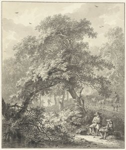Waldlandschaft mit ruhenden Reisenden unter einem Baum von Hendrik Meijer