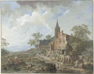 Ernte bei einem Dorf in einer hügeligen Landschaft