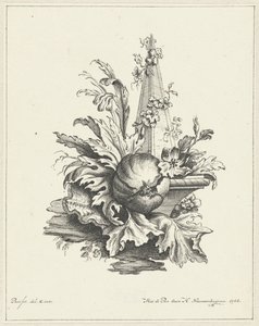 Ornament mit Granatapfel mit Blättern und Obelisk von Hendrik Nieuwenhuysen