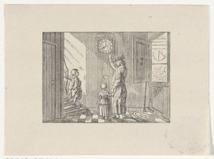Mann unterrichtet einen Jungen und ein Mädchen im Uhrlesen an einer Standuhr von Hendrik Numan