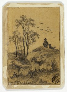 Jäger und Hund auf dem Hügel beobachten Vögel von Hendrik Pieter Koekkoek