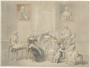 Die Kinder von Pieter Cornelis Hasselaer und Clara Wendela Sautijn, deren Porträts an der Wand hängen, mit ihrer Großmutter Wendela Eleonora Reael von Hendrik Pothoven
