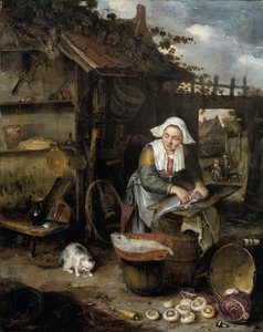 Eine Hausfrau im Innenhof beim Fischeputzen von Hendrik Potuyl