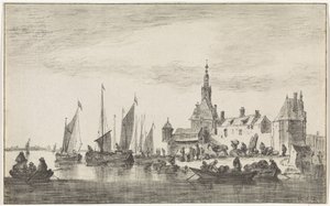 Flussansicht mit Händlern an einem Ufer bei Häusern von Hendrik Spilman