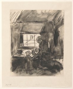 Interieur mit Frau und zwei kleinen Kindern