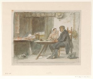 Schreibender Mann und eine Frau an einem Tisch von Hendrik Valkenburg