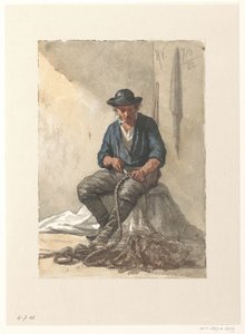 Sitzender Fischer, der an einem Seil arbeitet