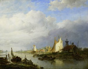 Boote auf einem Fluss mit einem Leuchtfeuer von Hendrik Vettewinkel
