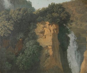 Überwucherte Klippen mit einem Wasserfall in Italien, vielleicht bei Tivoli von Hendrik Voogd (attributed to)