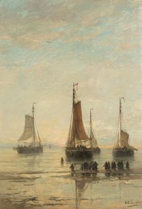 Bluff-Bowed Scheveningen-Boote vor Anker
