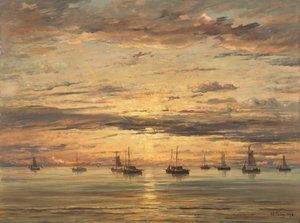 Sonnenuntergang in Scheveningen: Eine Flotte von Fischerbooten vor Anker