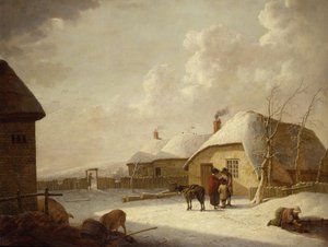 Figuren vor einer Hütte im Schnee von Hendrik Willem Schweickardt