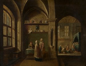 Ein Renaissance-Interieur mit Figuren: Die Geburt des heiligen Johannes von Hendrik the Younger Steenwyck