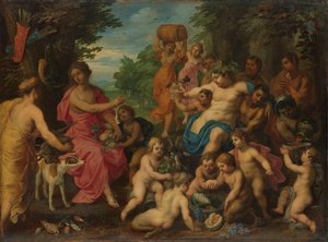 Diana wird von Bacchus und seinem Gefolge Wein und Früchte angeboten von Hendrik van Balen (I)