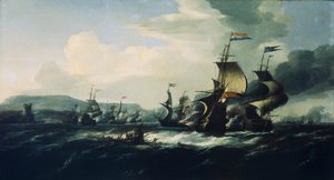 Eine Schlacht zwischen den Niederländern und Barbarenpiraten nahe der Küste, späte 17. Jahrhundert von Hendrik van Minderhout