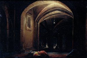 Schlafende Männer in einem Raum mit beleuchteten Bögen von Hendrik van Steenwijck (I) (possibly)