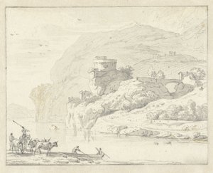 Italienische Berglandschaft mit Hirten und Vieh, und zwei Figuren in einem Boot, das den Fluss überquert von Hendrik van der Straaten (attributed to)