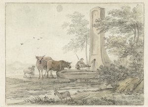 Italienische Landschaft mit Hirte und seinem Vieh und Schafen an einem Brunnen von Hendrik van der Straaten