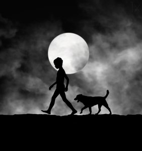 Mondbeschienenes Kind und Hund