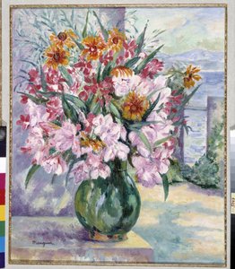 Blumenvase auf Terrasse vor dem Meer, 1941 von Henri Charles Manguin