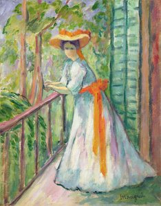 Frau auf einem Balkon, oder Jeanne mit einem orangefarbenen Band von Henri Charles Manguin