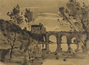 Flusslandschaft mit Brücke und Haus von Henri-Joseph Harpignies