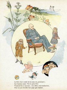 Gravur in „Alphabet der guten Beispiele“. Jules Levy, Herausgeber. Illustrationen von Henri Boulanger, alias Henri Gray. Texte von Frau P. Boulanger. Gravur und Druck von Ch. Gillot, 79 rue Madame, Paris. Um 1890. Finden Sie in jedem Bild das berühmte W von Henri  Gray