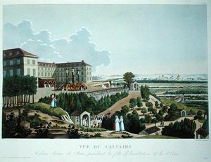 Prozession vor einem Kalvarienberg, errichtet von den Missionen am Mont Valerien, in der Nähe von Paris, graviert von Queverdo von Henri (after) Courvoisier Voisin