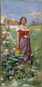 Camargaise mit Krug, junge Frau in einem Feld von Henri Adrien Tanoux