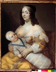 Darstellung des zukünftigen Königs Ludwig XIV. (1638-1715) als Baby im Badeanzug in den Armen seiner Amme Marie de Longuet de la Giraudiere von Henri Beaubrun
