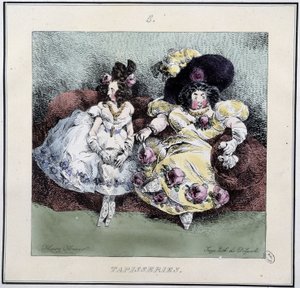 Hässliche Frauen machen „Tapisserie“ im Wohnzimmer - in „Parisiennes“ von Henri Monnier, ed. Delpech, Paris