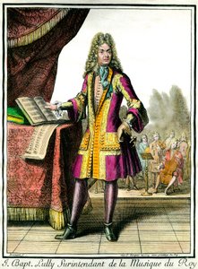 Ganzkörperporträt von Jean Baptiste Lully (Giovanni Battista Lulli) (1632-1687) Superintendent der Musik des Königs, Gravur von Henri Bonnart von Henri Bonnart
