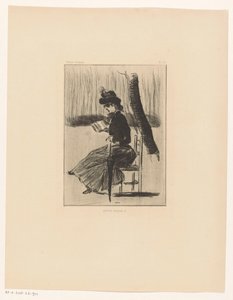 Frau mit einem Buch und einem Regenschirm auf einem Stuhl draußen (Petits Croquis 5) von Henri Boutet
