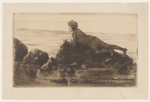 Junge, der auf Felsen am Strand liegt von Henri Charles Guérard