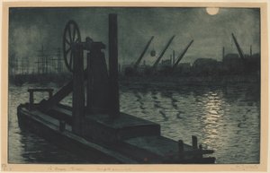 Die Baggerschiff in Dieppe Hafen bei Mondlicht