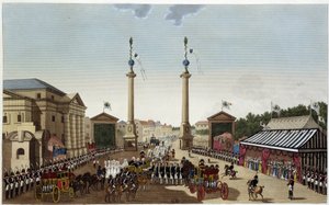 Die Barriere Saint-Denis bei der Schlüsselübergabe an Louis XVIII am 3. Mai 1814 - in „Vues de Paris“ von Courvoisier 1827