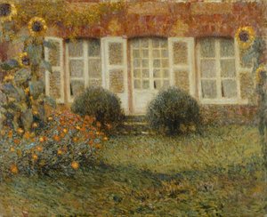 Pavillonhaus mit Sonnenblumen von Henri Eugene Augustin Le Sidaner