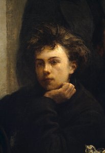 Ein Ecktisch, Detail. Porträt von Arthur Rimbaud, französischer Dichter von Ignace Henri Jean Fantin Latour