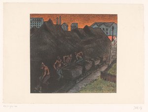 Vier Bergleute schaufeln Kohle in Karren (Les Programmes du Théâtre Libre) von Henri Gabriel Ibels