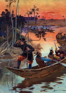 René Robert Cavelier de La Salle (1643-1687), französischer Entdecker und seine Begleiter, die den Mississippi für Frankreich hinabfahren