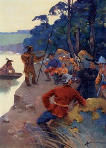 Die ersten europäischen Siedler am Ufer des Sankt-Lorenz-Stroms, heutiges Quebec, 16.-17. Jahrhundert von Henri Gaston Darien