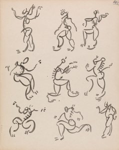 Neun tanzende Figuren in drei Registern