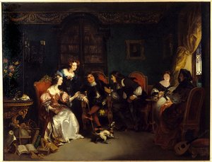 Trissotin und Vadius streiten. Szene aus Molières Stück „Les femmes savantes“; Akt 3, Szene 5