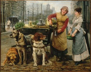 Die Milchmädchen mit Hundewagen auf der De Keyserlei in Antwerpen von Henri Houben
