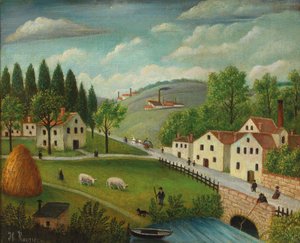 Pastorale Landschaft mit Bach, Fischer und Spaziergängern, ca. 1875-80
