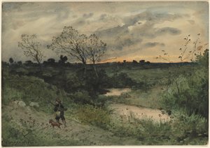 Morgendämmerung - Jäger mit Hund, 1882 von Henri Joseph Harpignies