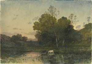 Abendlicht an einem bewaldeten Seeufer mit trinkenden Rindern von Henri Joseph Harpignies